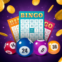 Bingo game realistic poster with lottery tickets and colorful balls on background with falling coins vector illustration